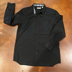 Burberry Men's Black LS Shirt w Black/Gray Plaid Collar Facing Sz 17/34-35